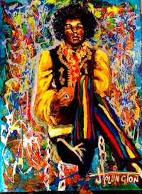 a painting of jimi hendrix sitting on a chair