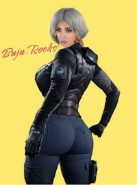 an image of a woman in a black outfit posing in front of a yellow background