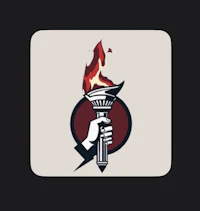 a hand holding a torch in the middle of a square
