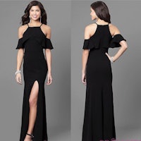 a woman in a black dress with a slit