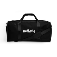 a black duffel bag with a white logo on it