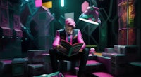 a man in a pink suit reading a book