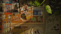 a bulletin board with a lot of stickers on it