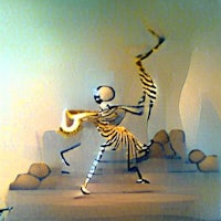 a skeleton dances with a saxophone