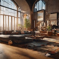a living room in a loft with large windows