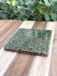 a green ceramic coaster on a wooden table