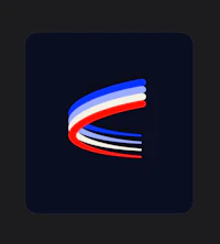 a blue, red, and white logo with a flag on it