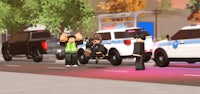 a group of people are standing on a street in front of a police car