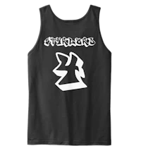 a black tank top with a white logo on it