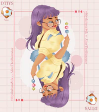 a girl with purple hair and glasses is holding a flower
