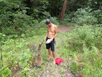 a man in a bikini standing next to a group of monkeys