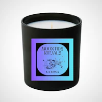 a black candle with the words moonside rituals on it