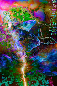 a colorful abstract painting of a bird flying in the sky