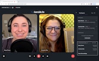 a screen shot of a webcam showing two women in headphones