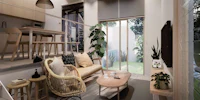 a living room with a sofa, chairs and a tv
