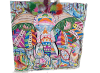 a colorful drawing of an elephant on a canvas bag