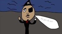 a cartoon of a pirate holding a piece of paper