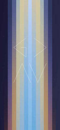 a blue, yellow, and orange striped background with the word gv