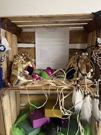 a wooden crate with various items on it