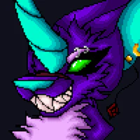 a purple pixel character with green eyes and horns