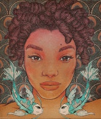 a drawing of a woman with fish on her face
