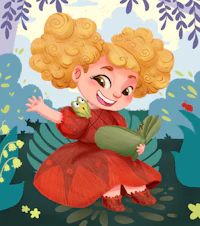 a cartoon girl in a red dress holding a frog