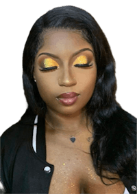 a woman in a black jacket with gold makeup on her face