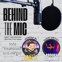 a flyer for behind the mic with two people and a microphone