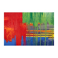 an abstract painting with red, green, and blue colors