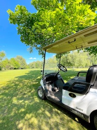 a white golf cart parked in a grassy area