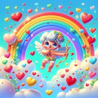 cupid with bow and arrow in the clouds and rainbow