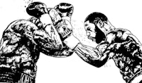 a black and white drawing of two boxers fighting