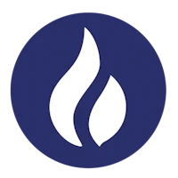 a blue circle with a white flame logo