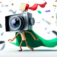 a cartoon camera with a cape and confetti