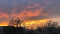 a fiery sunset over a desert with trees in the background