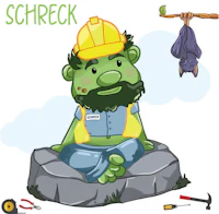 a cartoon character with a hard hat and a bat on a rock