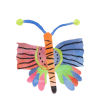 a colorful hand drawn butterfly on a black background