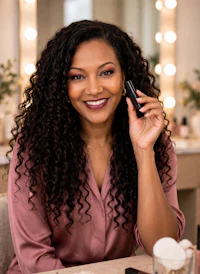 a black woman holding a cell phone in front of a mirror