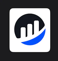 a blue and white icon with a graph on it