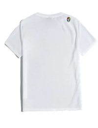 a white t - shirt with a colorful patch on it