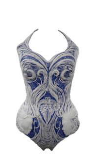 a blue and white bodysuit with a floral design