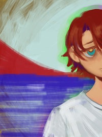 a drawing of a boy with red hair and blue eyes
