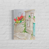 a watercolor painting of a house on a brick wall