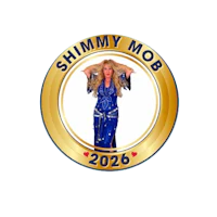 a woman in a blue dress with the word shimmy mob on it