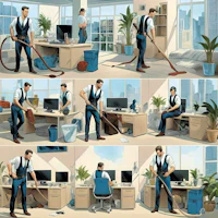 Friendly professionals cleaning an office.