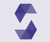 a purple triangle logo on a white background
