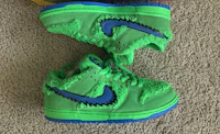 a pair of green and blue nike sb dunk low sneakers