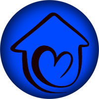 a blue circle with a house and heart on it