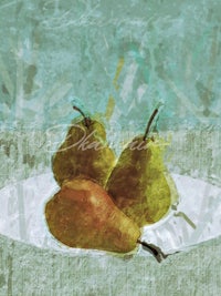 a painting of three pears on a plate