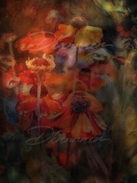 a painting of flowers with a blurred background